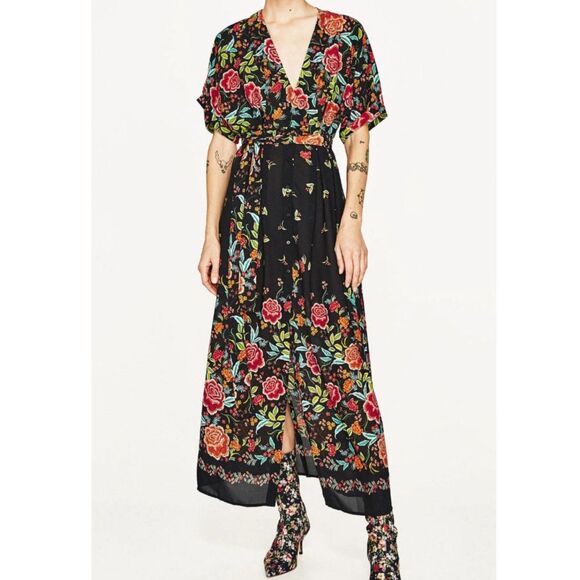 Zara V-Neck Floral Button Front Wrap Shirt Dress Maxi Small - Picture 1 of 10